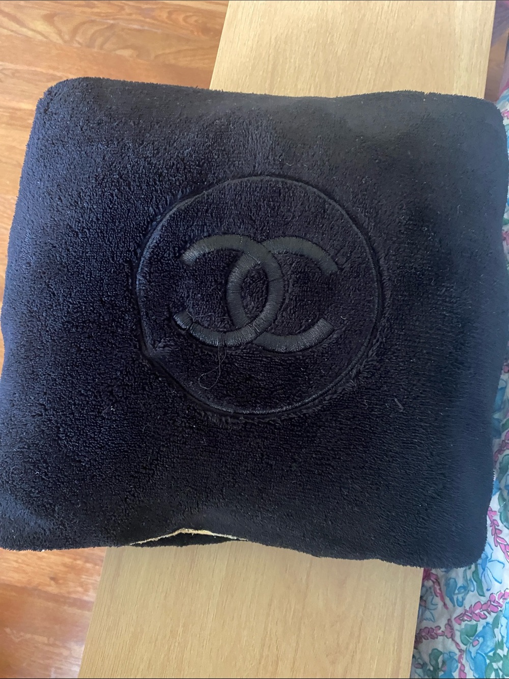 CHANEL Black Plush Cushion with Embossed CC Motif